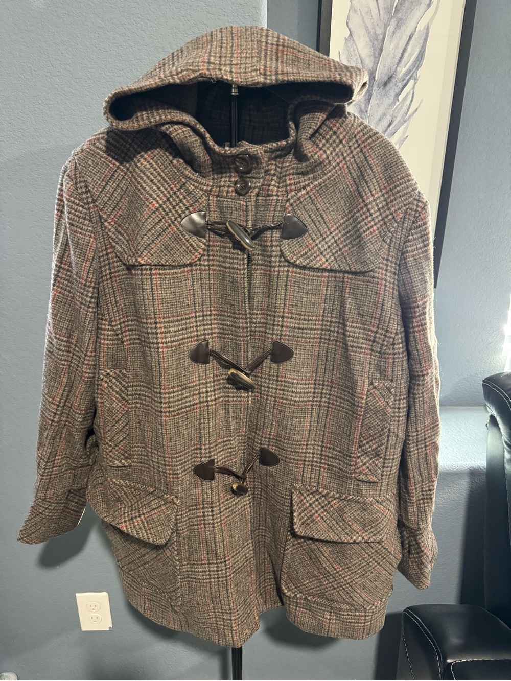 Vintage St. John's Bay Brown Plaid Hooded Toggle Peacoat 70% wool
